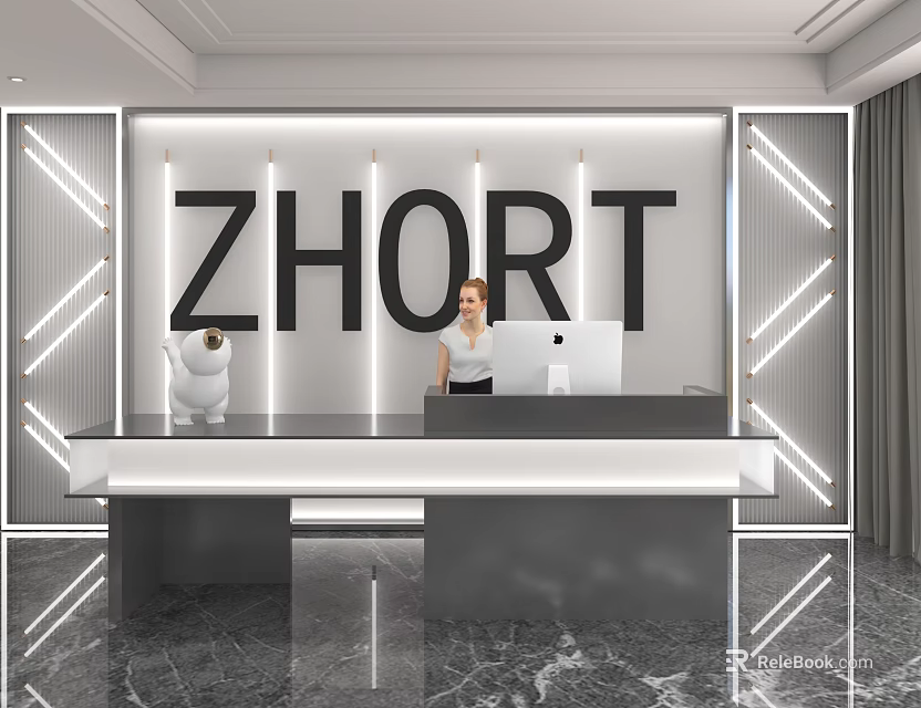 Modern Store Front Desk Design With ZHORT Logo LED Strip Lights And Marble Floor 3d model 