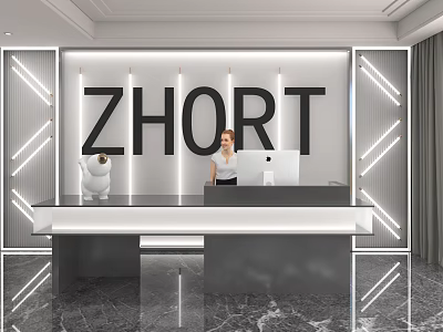 Modern Store Front Desk Design With ZHORT Logo LED Strip Lights And Marble Floor 3d model