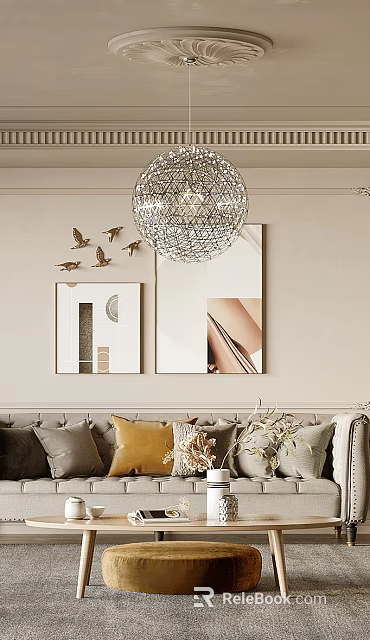 Elegant Modern Living Room Interior With Chandelier Decorative Paintings Sofa Pillows And Plants 3d model 