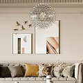 Elegant Modern Living Room Interior With Chandelier Decorative Paintings Sofa Pillows And Plants