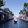 Ancient Architecture Along Waterway With White Walls Gray Tiles Boat Red Lanterns Pink Cherry Trees