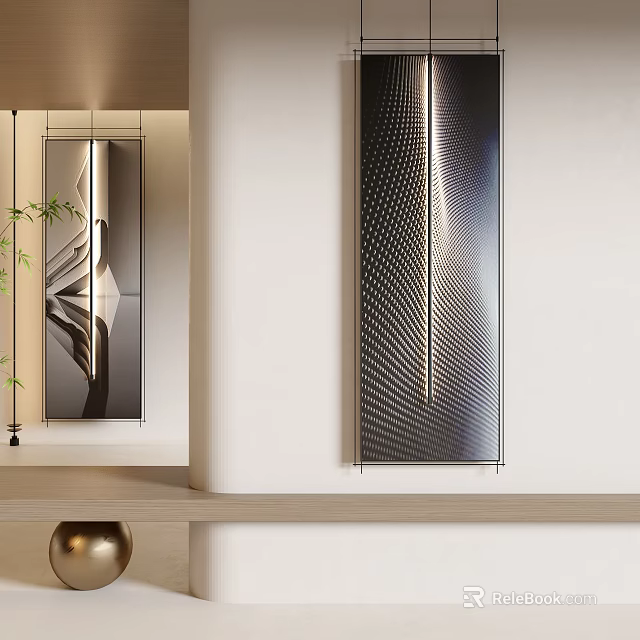 Modern Abstract Painting in Contemporary Interior with Large Vertical Geometric Metallic Texture 3d model 