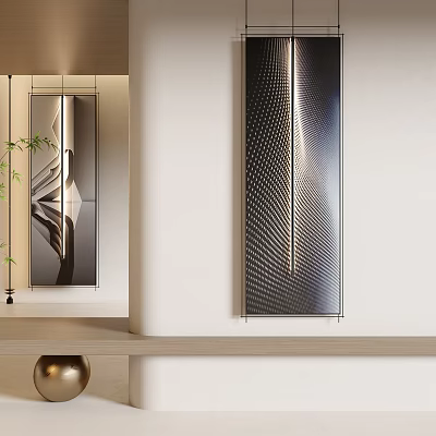 Modern Abstract Painting in Contemporary Interior with Large Vertical Geometric Metallic Texture 3d model