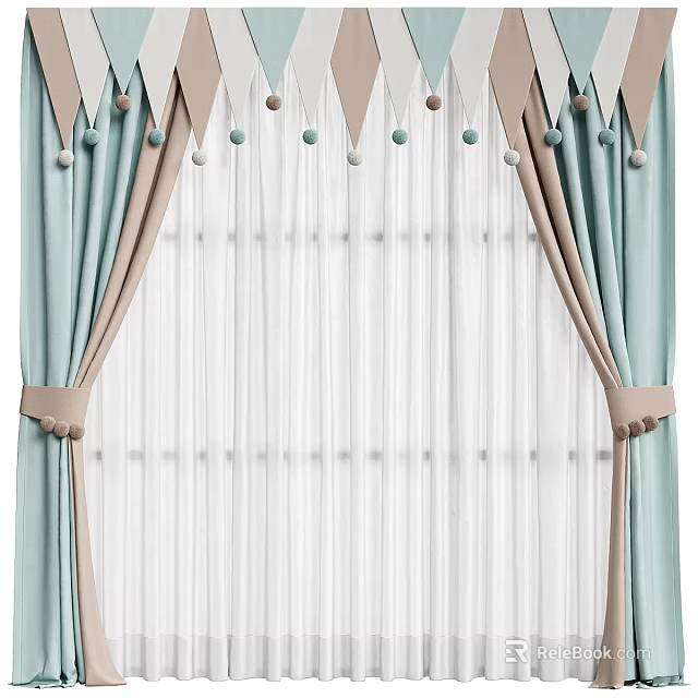 Elegant Light Blue Beige Curtains with Decorative Pom Poms Sheer White Panels and Tiebacks 3d model 