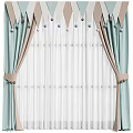 Elegant Light Blue Beige Curtains with Decorative Pom Poms Sheer White Panels and Tiebacks