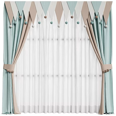 Elegant Light Blue Beige Curtains with Decorative Pom Poms Sheer White Panels and Tiebacks 3d model