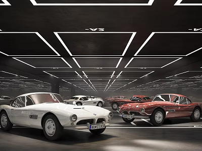 Modern Parking Garage Featuring Classic White And Red Cars With Geometric Ceiling Lighting 3d model