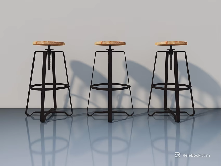 Three Modern Bar Stools With Black Metal Frames And Wooden Seats On Gray Floor 3d model 
