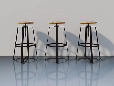 Three Modern Bar Stools With Black Metal Frames And Wooden Seats On Gray Floor 3d model