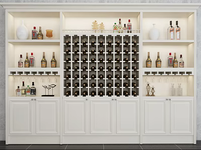 Stylish White Wine Cabinet With Multiple Shelves Wine Bottles Decorative Vases And Glass Holders 3d model