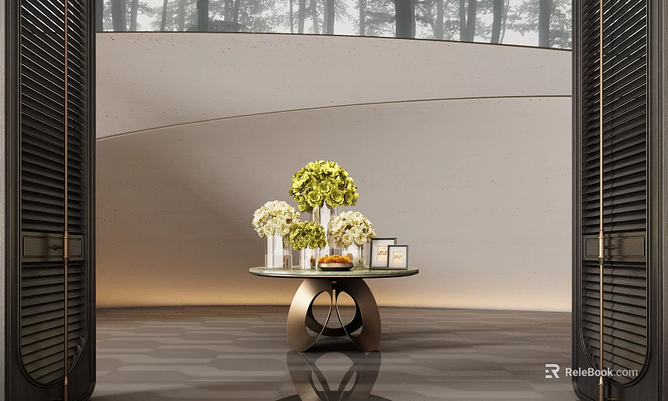 Modern Console Table Decor With Floral Arrangement Vases And Curved Wall Background 3d model
