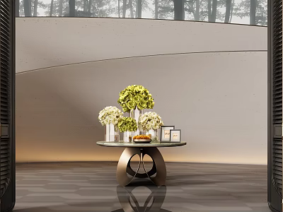 Modern Console Table Decor With Floral Arrangement Vases And Curved Wall Background 3d model