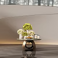 Modern Console Table Decor With Floral Arrangement Vases And Curved Wall Background 3d model