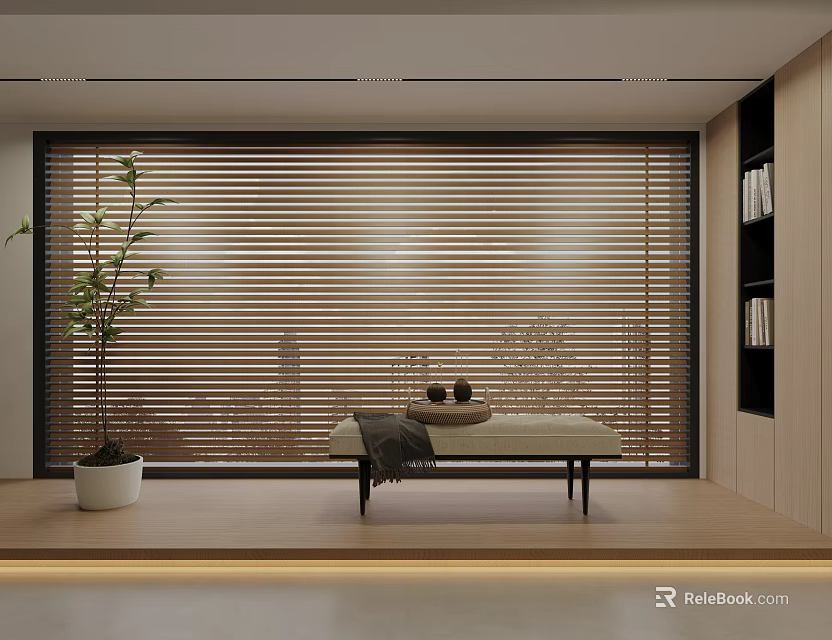 Modern Wooden Blinds In Window Interior With Bench Plant And Shelves 3d model 
