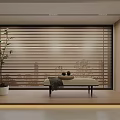 Modern Wooden Blinds In Window Interior With Bench Plant And Shelves