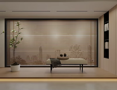 Modern Wooden Blinds In Window Interior With Bench Plant And Shelves 3d model