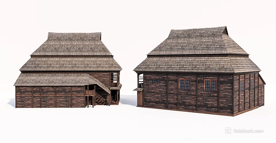 Traditional Rural Self-built House With Wooden Structure And Tile Roof Exterior 3d model 