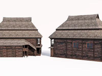 Traditional Rural Self-built House With Wooden Structure And Tile Roof Exterior 3d model