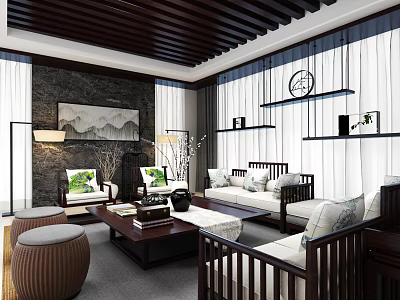 Chinese Style Living Room Sofa and Coffee Table Set with Landscape Painting and Pendant Light 3d model