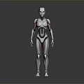 Female Humanoid Robot With Silver Red Metallic Texture In Standing Pose On Gray Gradient Background