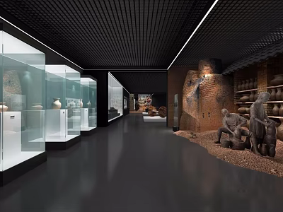 Museum Exhibition Hall With Glass Display Cases Ancient Pottery And Sculptures 3d model