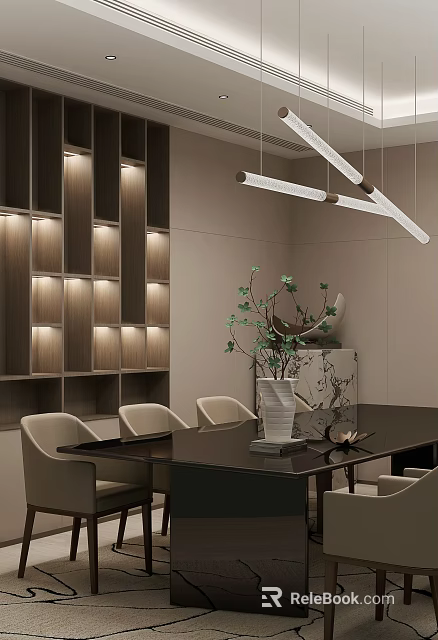Modern Restaurant Interior With Wooden Wall Panels Hanging Lights And Dining Table 3d model 
