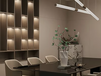 Modern Restaurant Interior With Wooden Wall Panels Hanging Lights And Dining Table 3d model