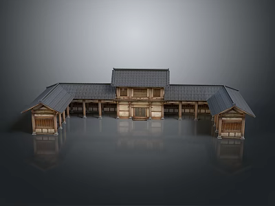 Traditional Wooden Architecture With Symmetrical Design Tile Roof And Veranda Structure 3d model