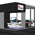 Modern Exhibition Booth With SUNRISE Logo Workstations People And Display Area
