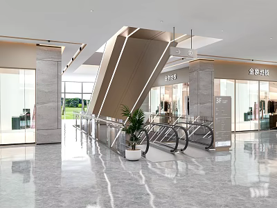 Modern Lobby Front Desk Reception With Escalator Glass Doors And Marble Floor 3d model