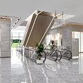 Modern Lobby Front Desk Reception With Escalator Glass Doors And Marble Floor