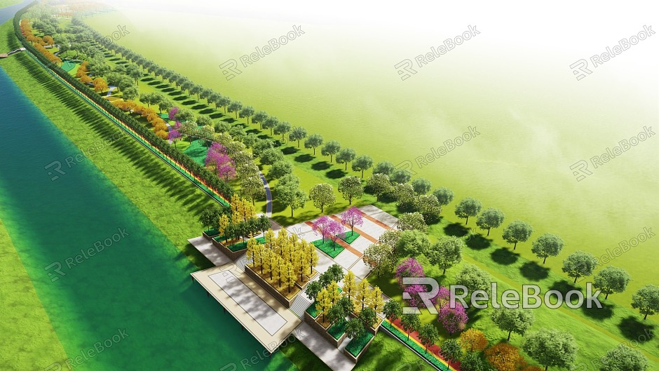 Modern Park Waterfront River Park Square Garden Landscape model