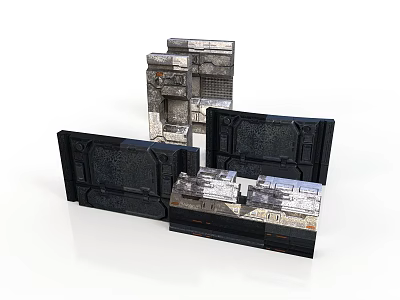 Dark Stone And Metal Structural Scene Components With Detailed Textured Panels 3d model