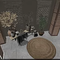 Bonsai Potted Plants With Geometric Patterned Walls Wooden Shutters And Round Woven Rug