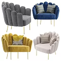 Brown Velvet Single Sofa with Petal Shaped Backrest Golden Metal Legs Herringbone Pillow and Blanket