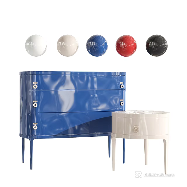 Blue Bedside Table With Drawers And White Round Side Table Plus Colorful Spheres 3d model