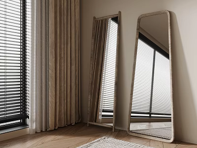 Stylish Full Length Mirrors in Modern Room with Window Blinds Curtains Wooden Floor and Rug 3d model