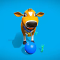 Cartoon Cow With Yellow White Spots Blue Rope Bell Blue Ball Green Grass Blue Background