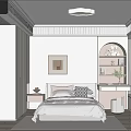 Modern Neutral Tones Bedroom Interior With Bed Framed Art Built In Shelf And Large Window