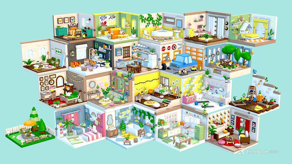 Lush Green Plants in Miniature Multi Room Scenes with Detailed Interior Decorations 3d model 