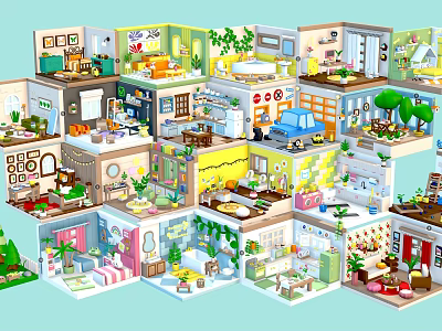 Lush Green Plants in Miniature Multi Room Scenes with Detailed Interior Decorations 3d model