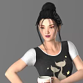 Woman in black dress with white cuffs and hem holding red cup with star design