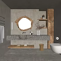 Rustic Bathroom Interior With Natural Wooden Mirror Above Stone Sink Counter And Gray Walls Shelves