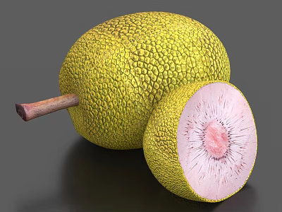 Whole Jackfruit With Yellow Cracked Skin And Cut Open Half Showing Pink Flesh 3d model