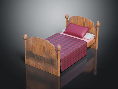 Wooden Bed With Decorative Bedposts Red And Black Plaid Blanket And Red Pillow Interior 3d model