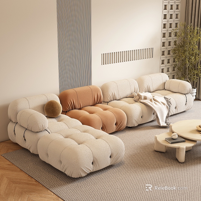 Cozy Modern Sectional Sofa With Beige Orange Cushions Pillow Blanket And Coffee Table 3d model 