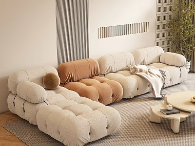 Cozy Modern Sectional Sofa With Beige Orange Cushions Pillow Blanket And Coffee Table 3d model