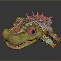 Fantasy Green Crocodile Character With Red Eyes Spiked Head And Metal Armor