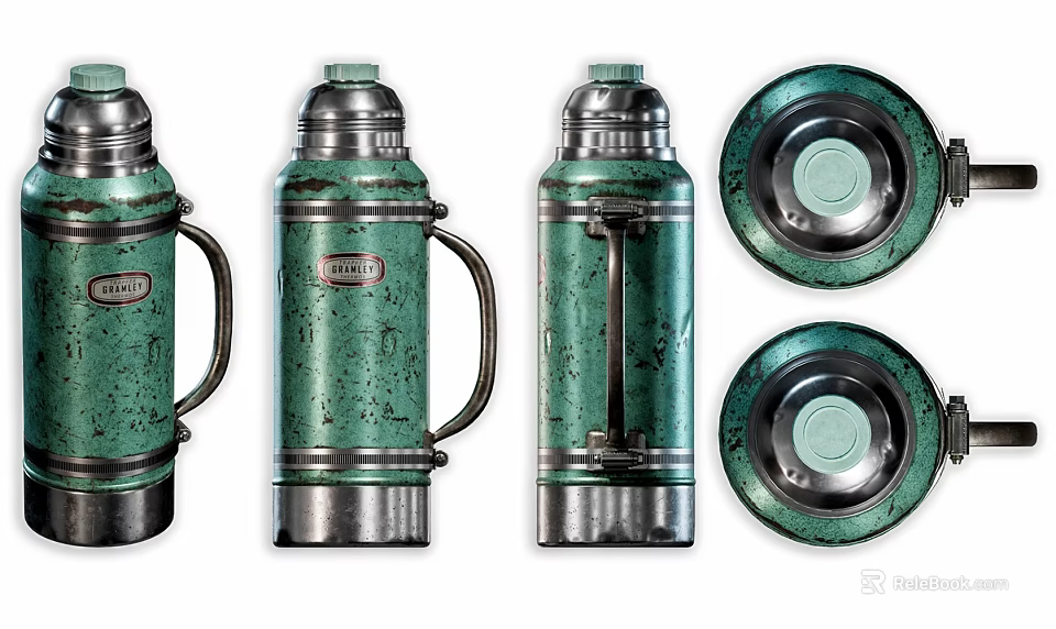 Vintage Green Speckled Thermoses And Plates With Metallic Accents For Daily Use 3d model 