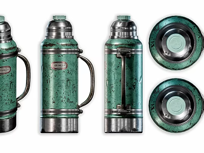 Vintage Green Speckled Thermoses And Plates With Metallic Accents For Daily Use 3d model